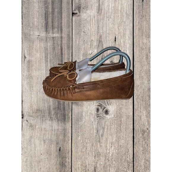 Minnetonka Slippers Womens Size 6 Brown Faux Fur Lined Fabric Britt Trapper - Picture 3 of 9